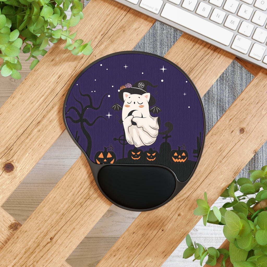 Halloween Mouse Pad, Cozy Ghost 👻 Cat Gel Wrist Rest Mat