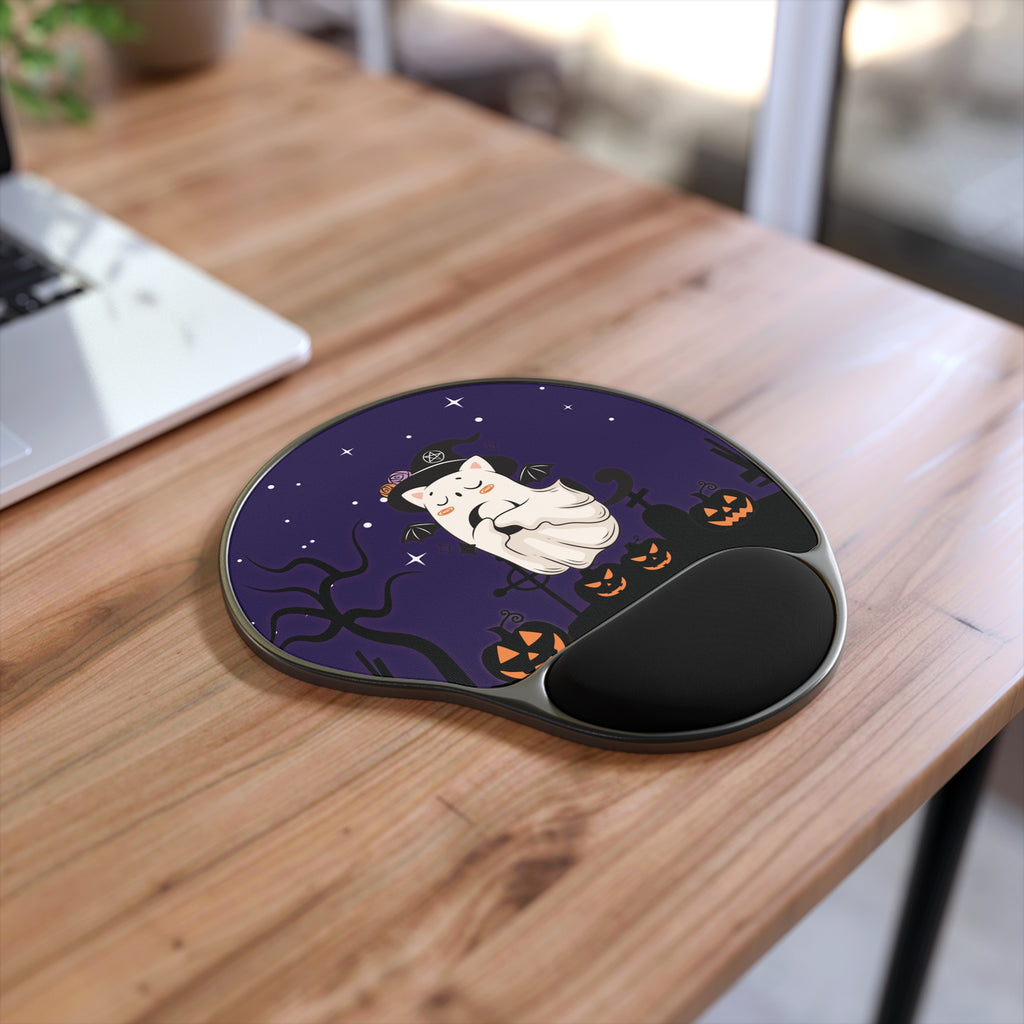 Halloween Mouse Pad, Cozy Ghost 👻 Cat Gel Wrist Rest Mat