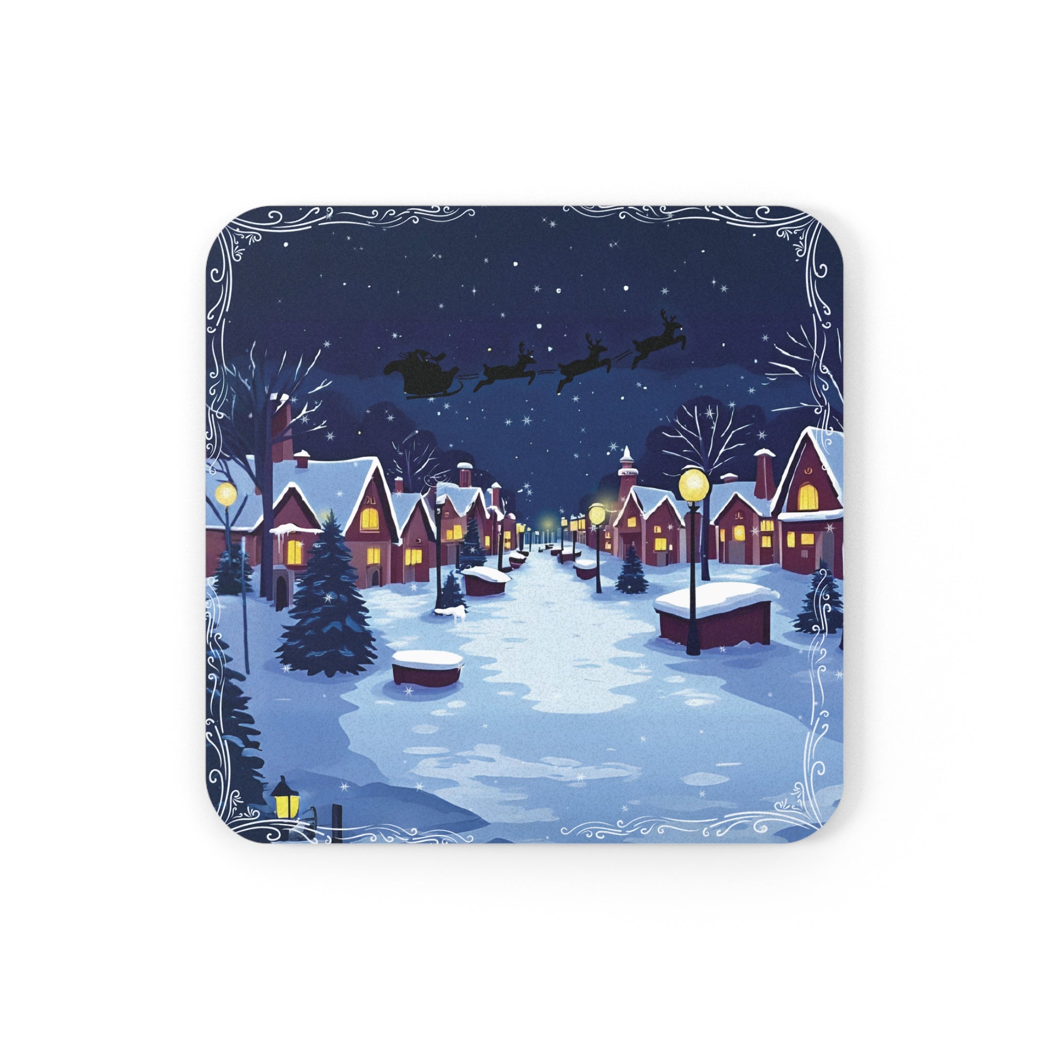 Coaster Set Christmas Village Night - Santa Sleigh Holiday Cover