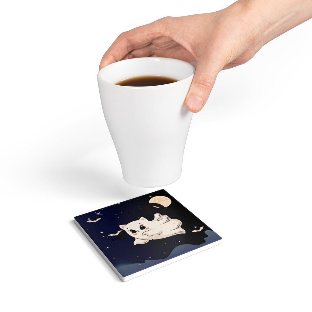 Ceramic Coaster - Cute Ghost Cat Halloween