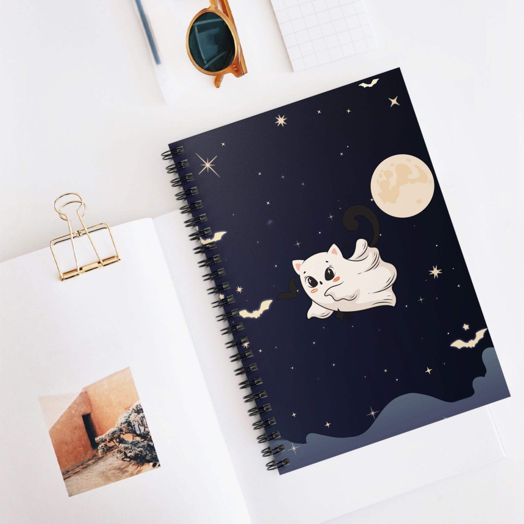 Spiral Notebook - Cute Ghost Cat Halloween Ruled Line