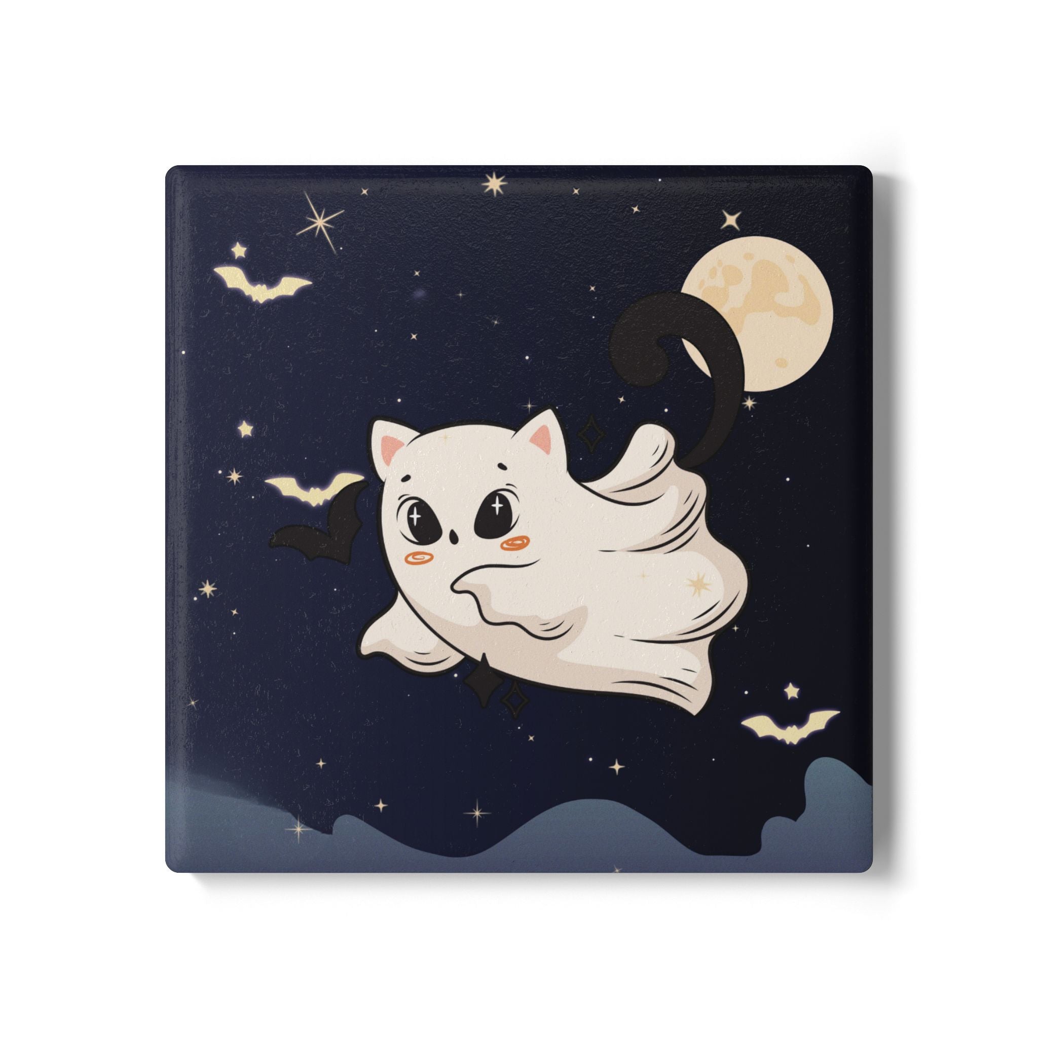 Ceramic Coaster - Cute Ghost Cat Halloween