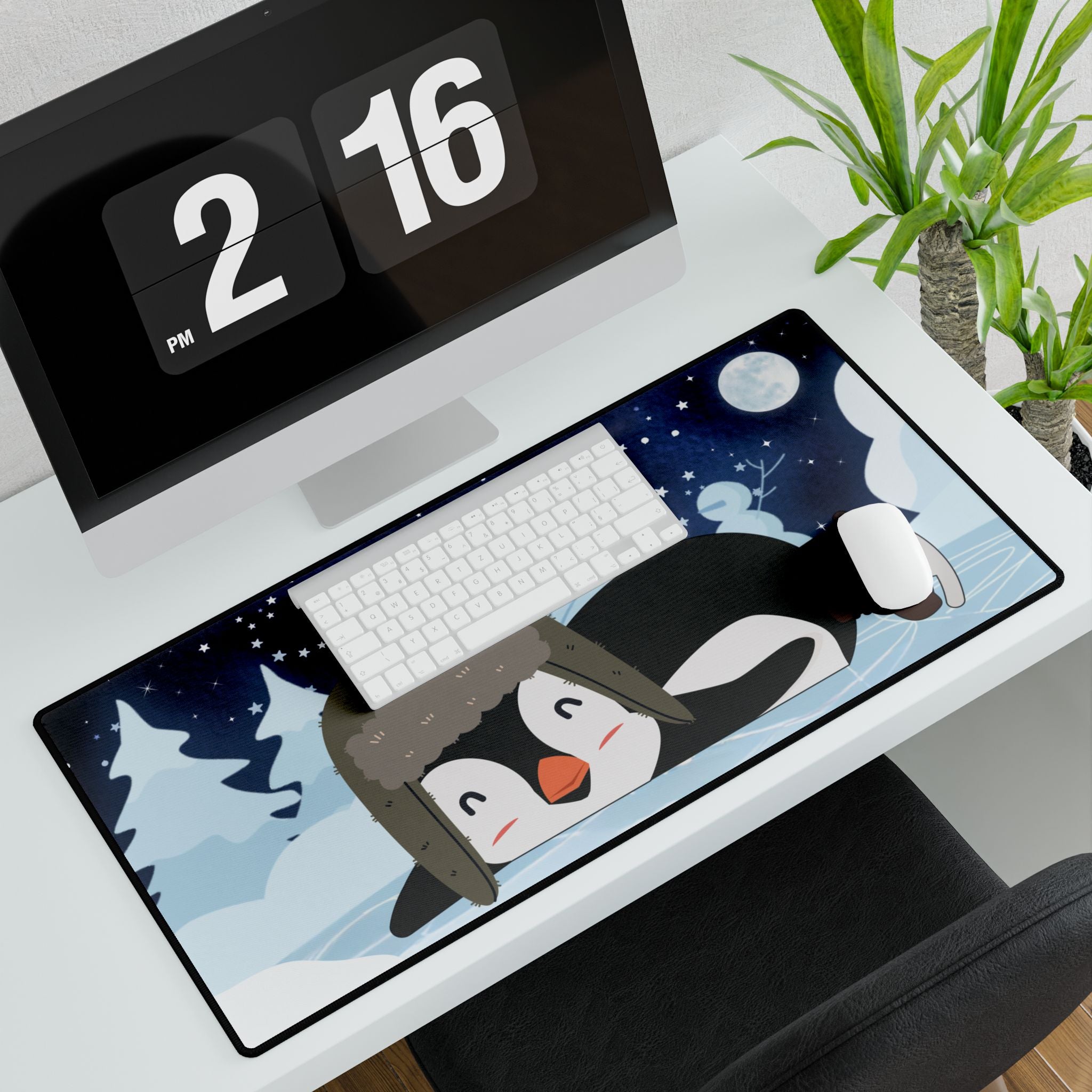 Desk Mat - Cozy Winter Penguin Skating Under the Stars