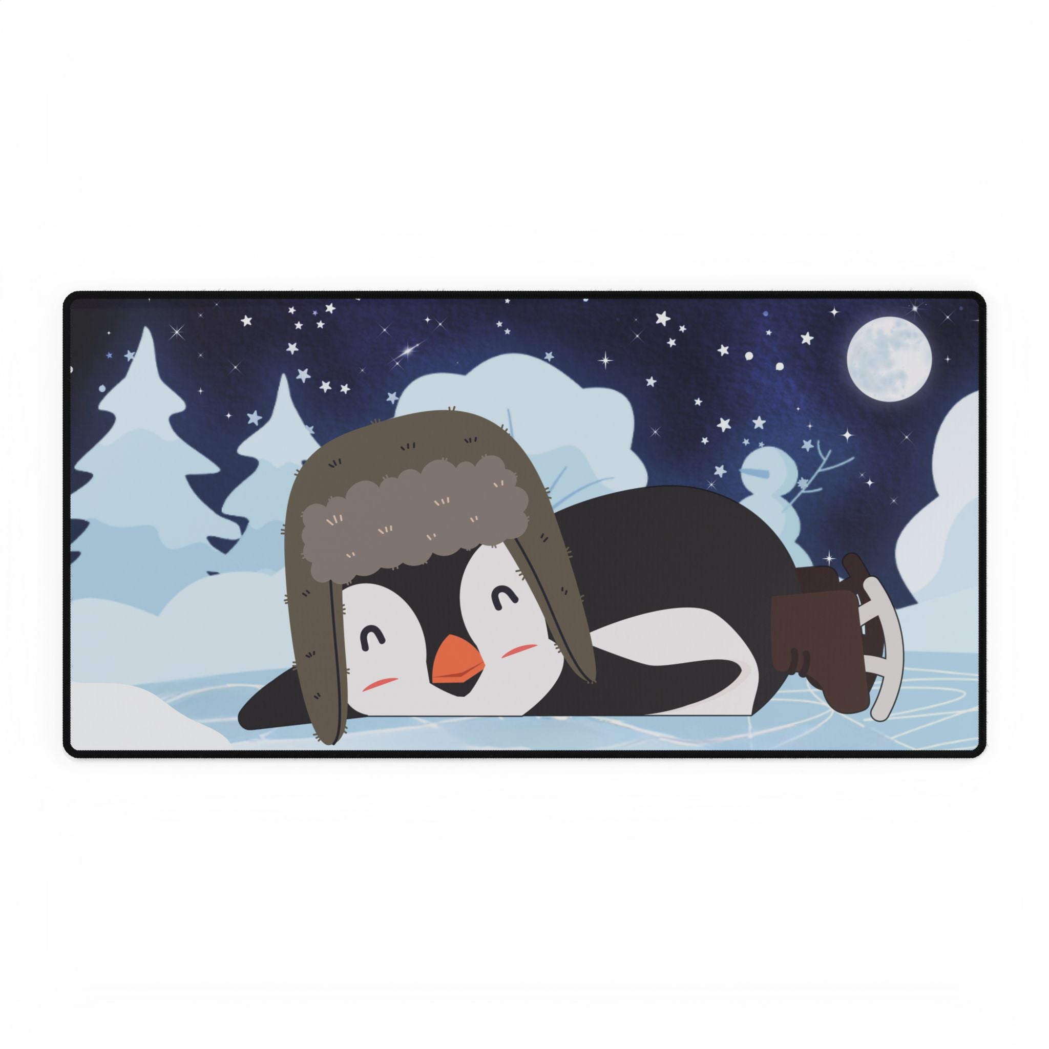 Desk Mat - Cozy Winter Penguin Skating Under the Stars