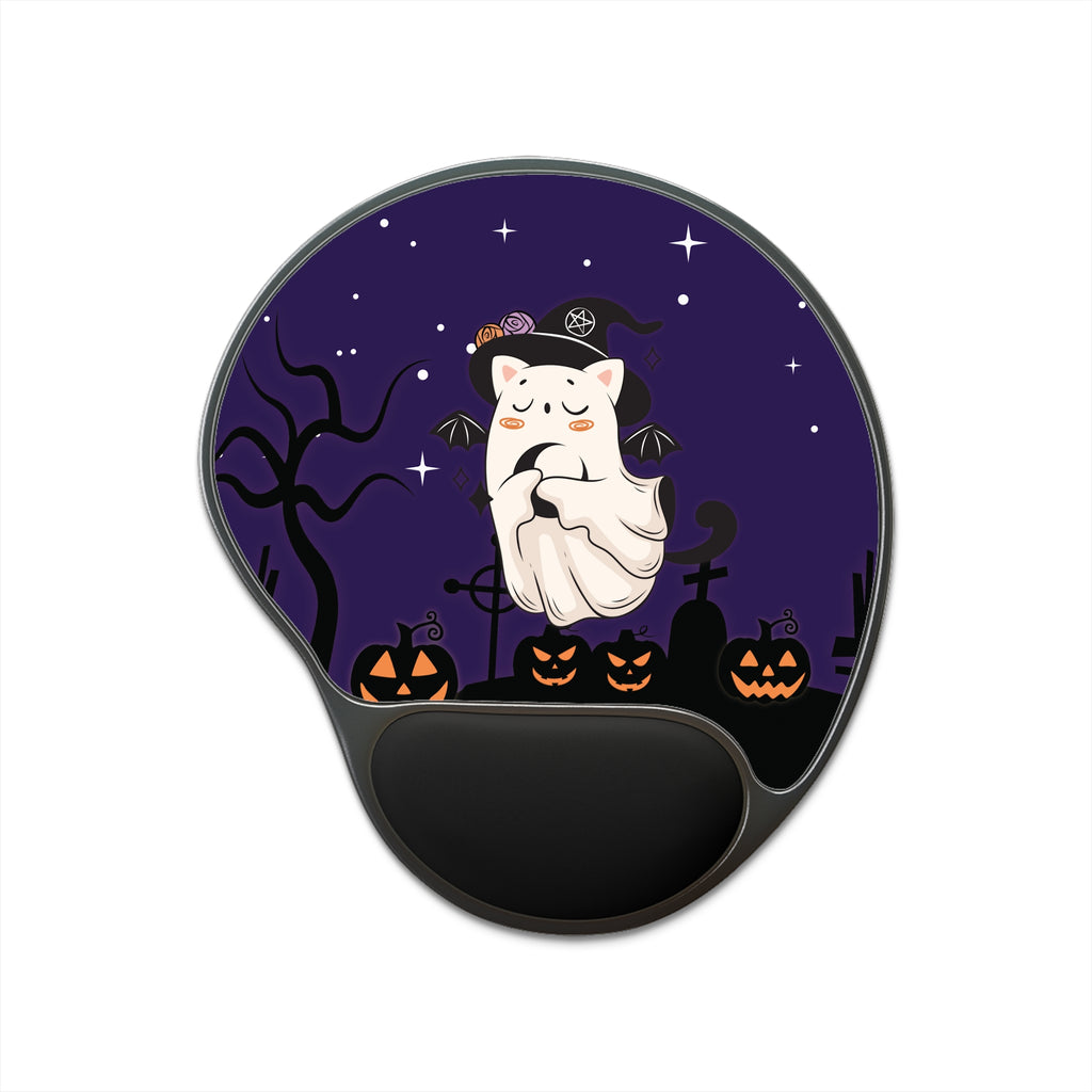 Halloween Mouse Pad, Cozy Ghost 👻 Cat Gel Wrist Rest Mat