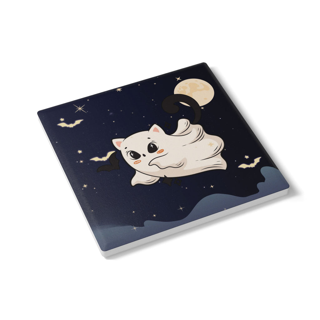 Ceramic Coaster - Cute Ghost Cat Halloween
