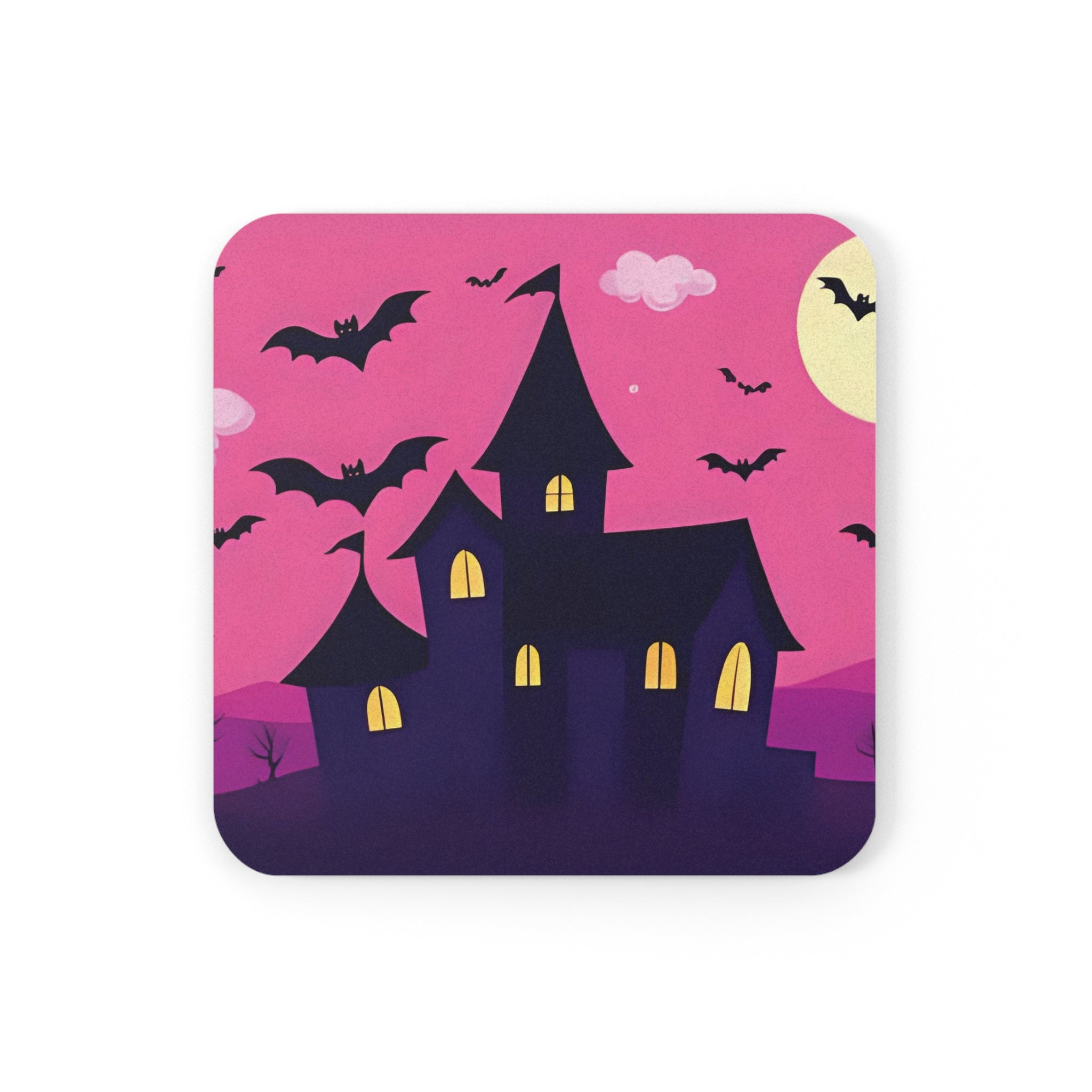 Pink Haunted House Design Cork Back Coaster