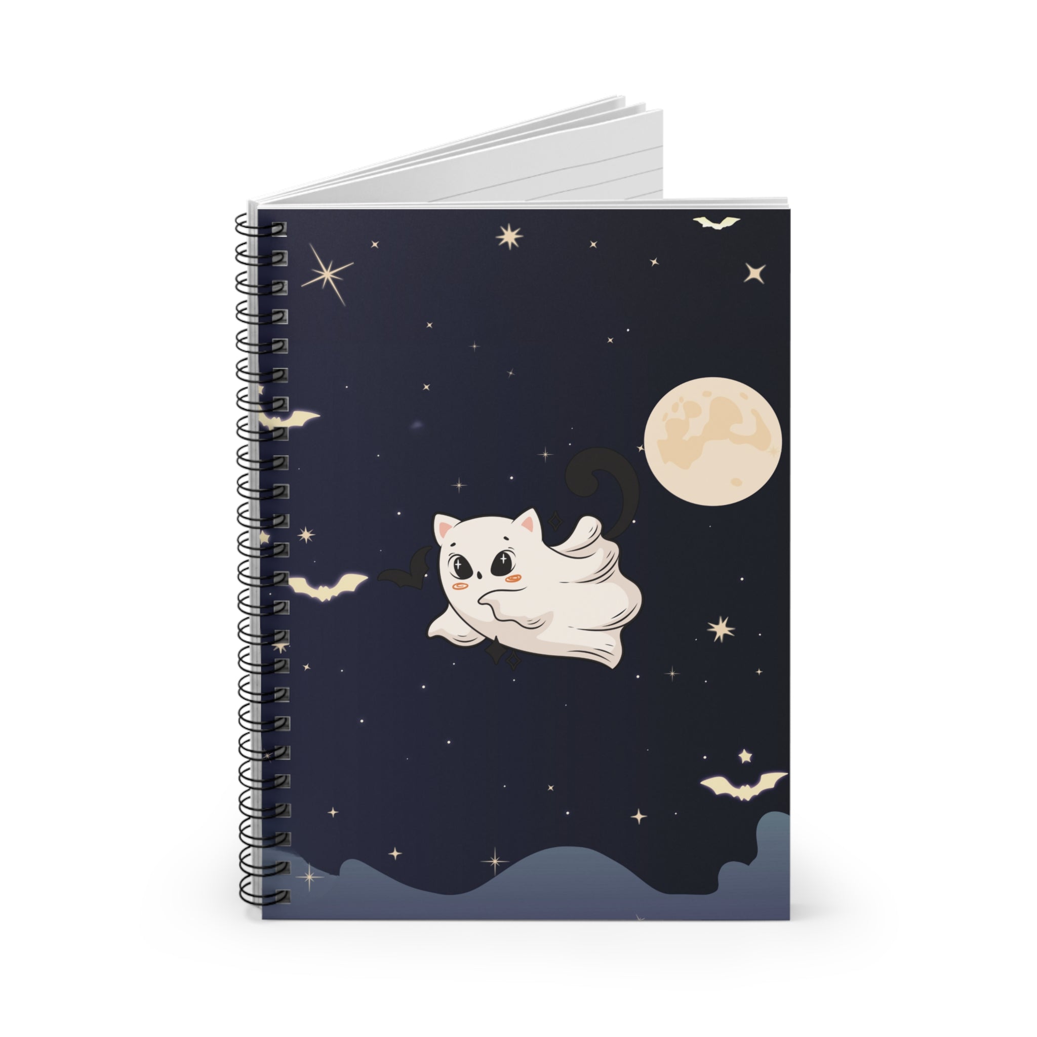Spiral Notebook - Cute Ghost Cat Halloween Ruled Line