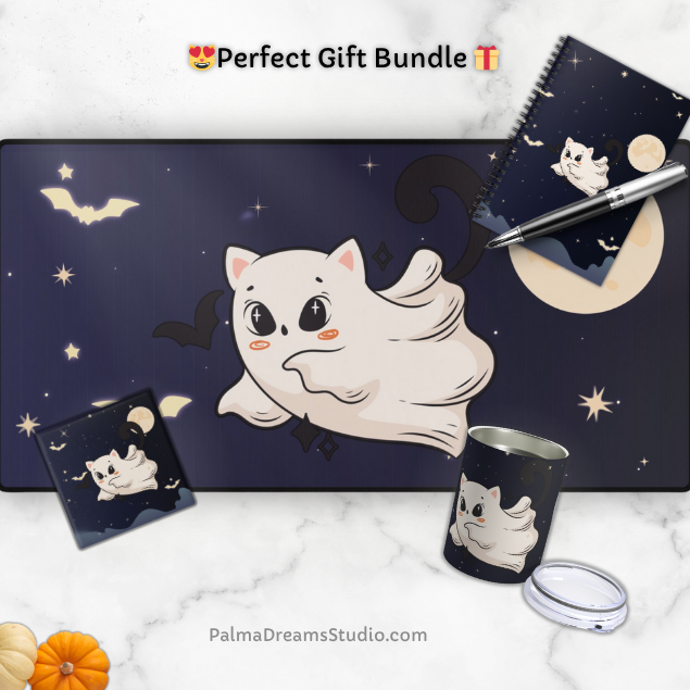 Ceramic Coaster - Cute Ghost Cat Halloween