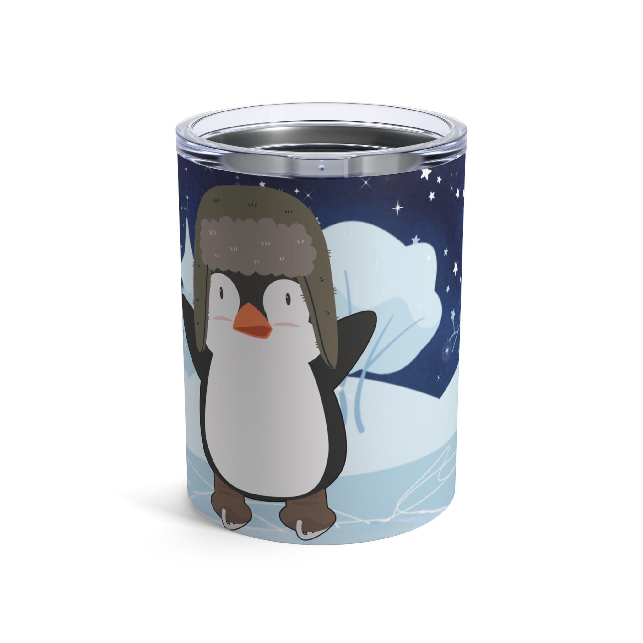 Tumbler Mug Cozy Winter Penguin Skating Under the Stars 10oz