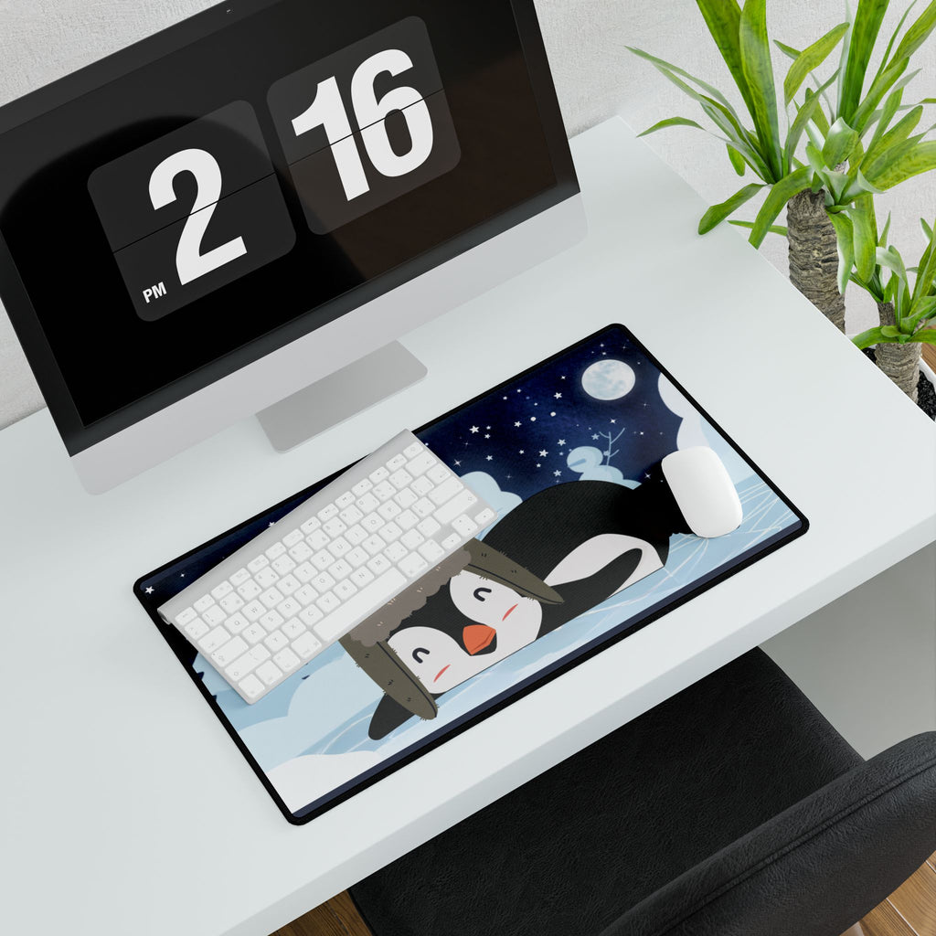 Desk Mat - Cozy Winter Penguin Skating Under the Stars