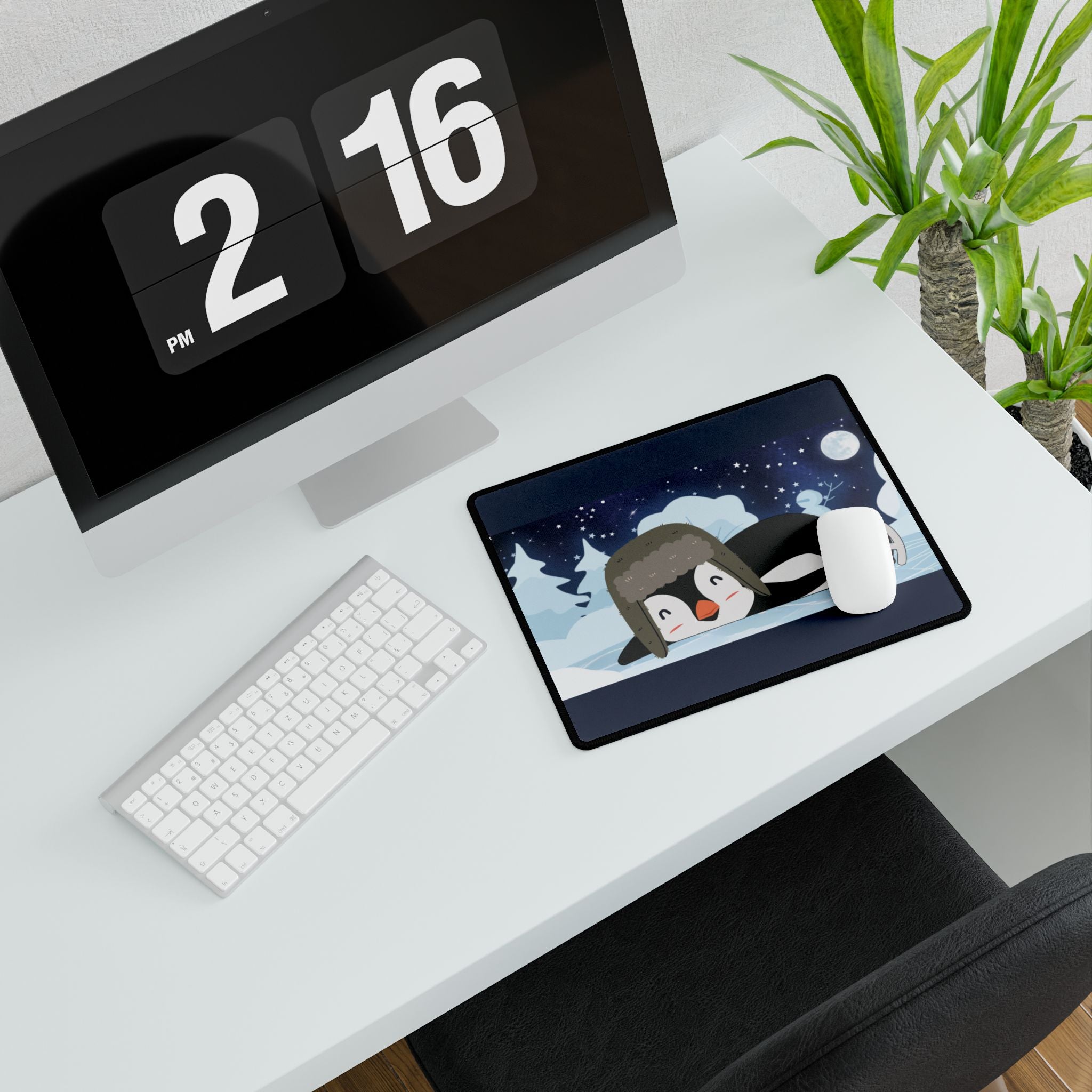 Desk Mat - Cozy Winter Penguin Skating Under the Stars