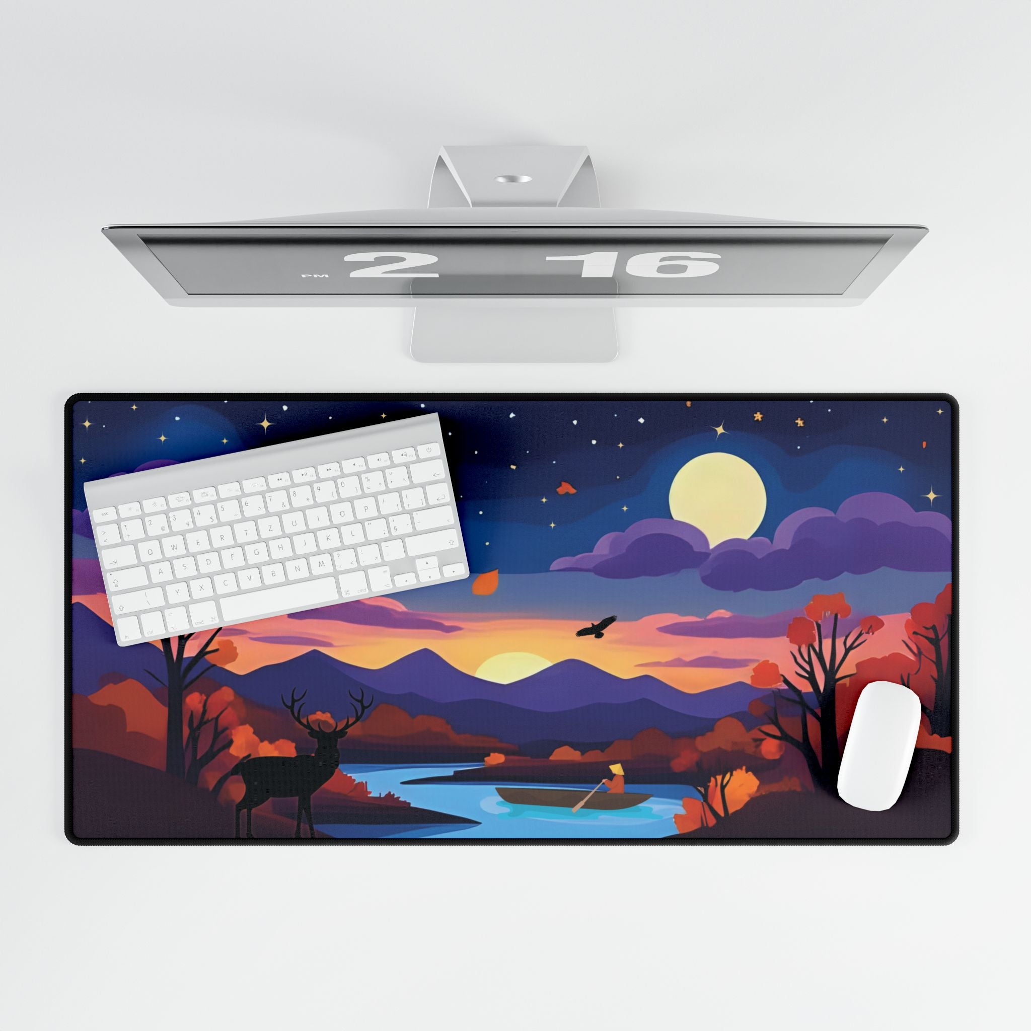 Desk Mat - Autumn Night Cozy Fall Deer & Moon Scene