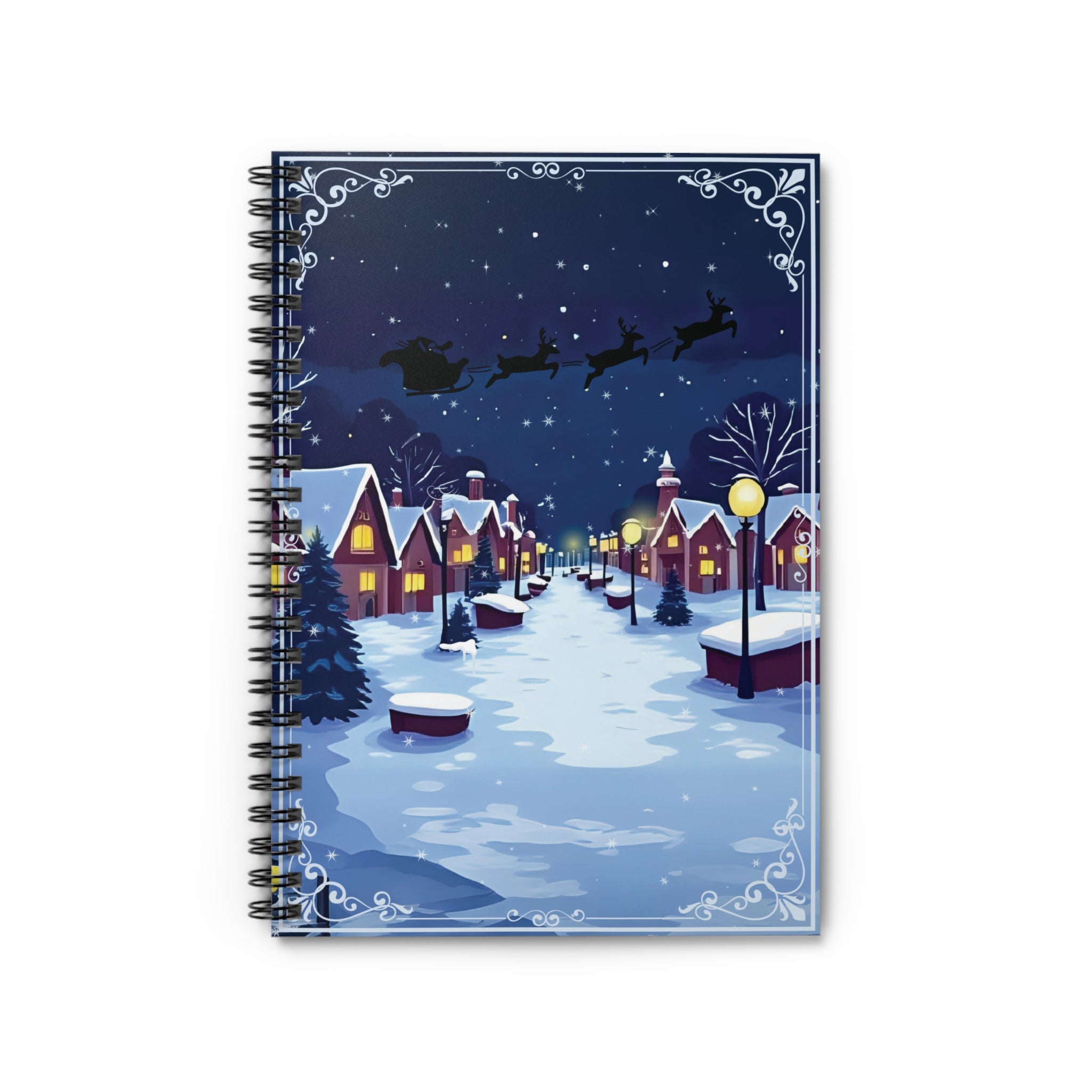 Spiral Notebook - Christmas Village Night Santa Sleigh Holiday Cover