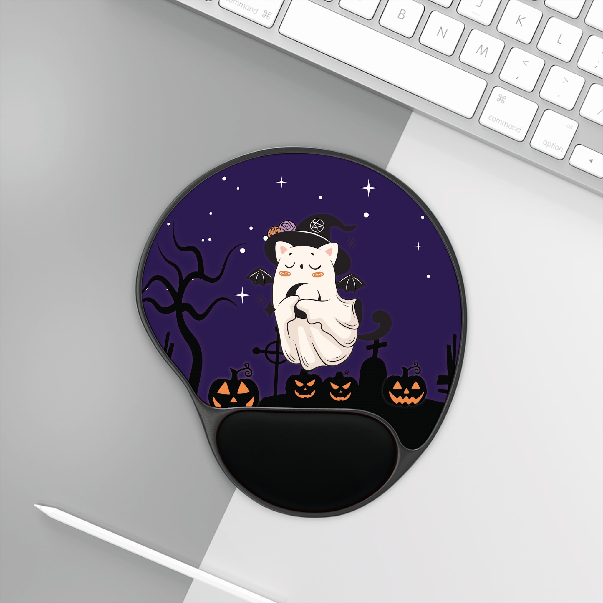 Halloween Mouse Pad, Cozy Ghost 👻 Cat Gel Wrist Rest Mat