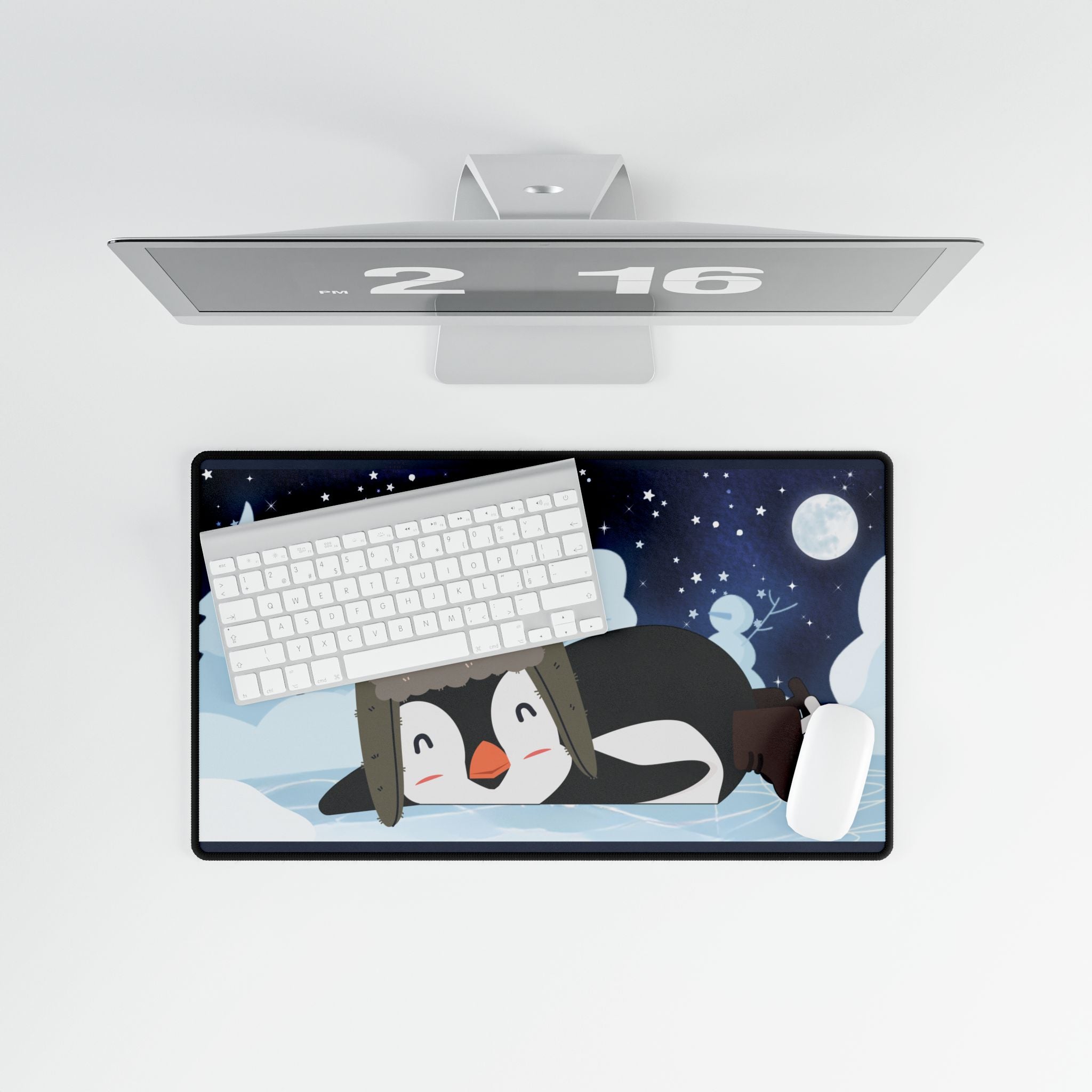 Desk Mat - Cozy Winter Penguin Skating Under the Stars