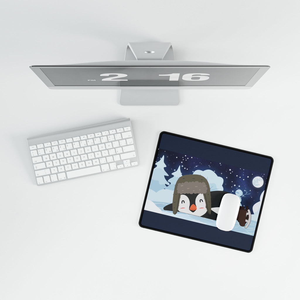 Desk Mat - Cozy Winter Penguin Skating Under the Stars