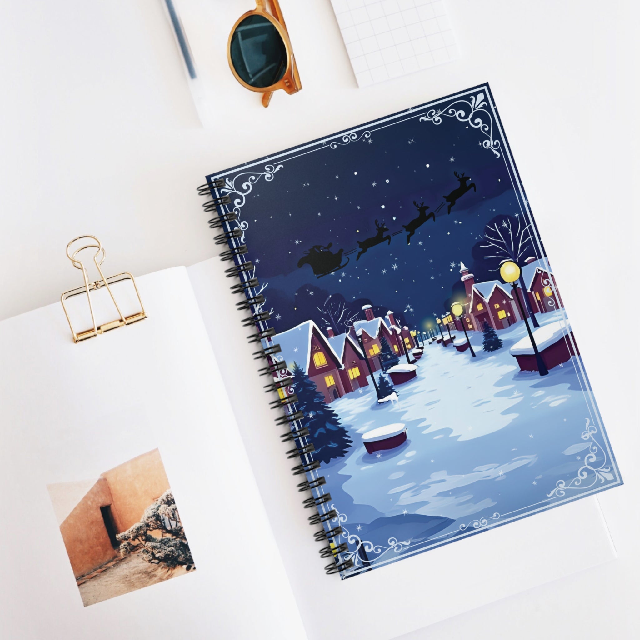Spiral Notebook - Christmas Village Night Santa Sleigh Holiday Cover