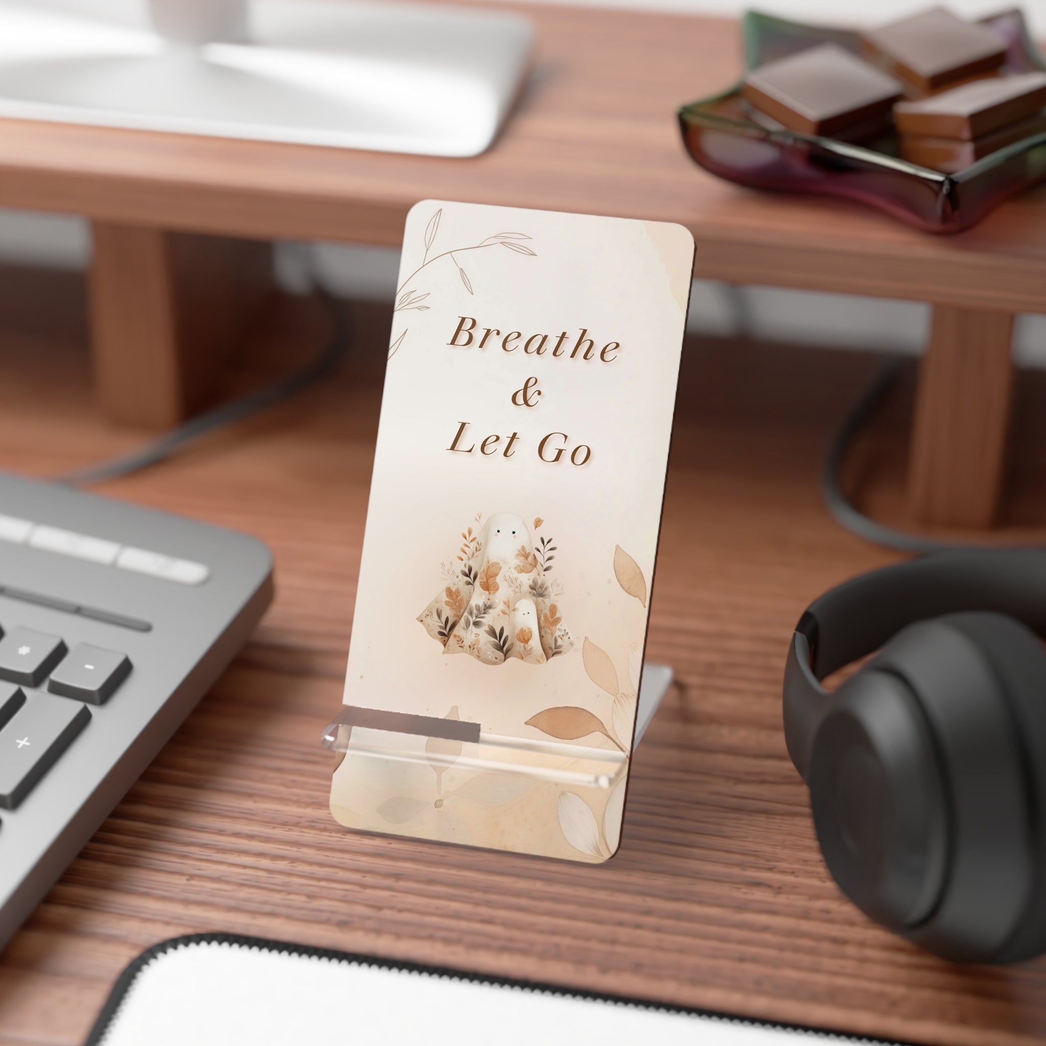 Phone Stand, Breathe & Let Go Autumn Ghost Design, Holder for Cellphones - Desktop Organizer, Office Accessories, Meditation Gift,