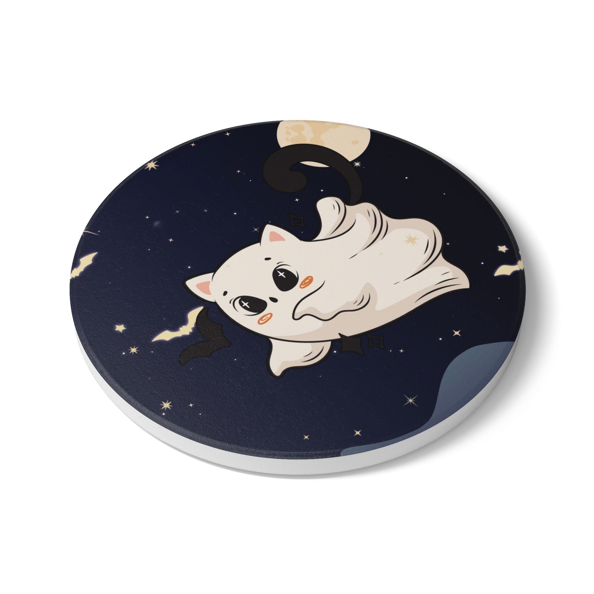 Ceramic Coaster - Cute Ghost Cat Halloween