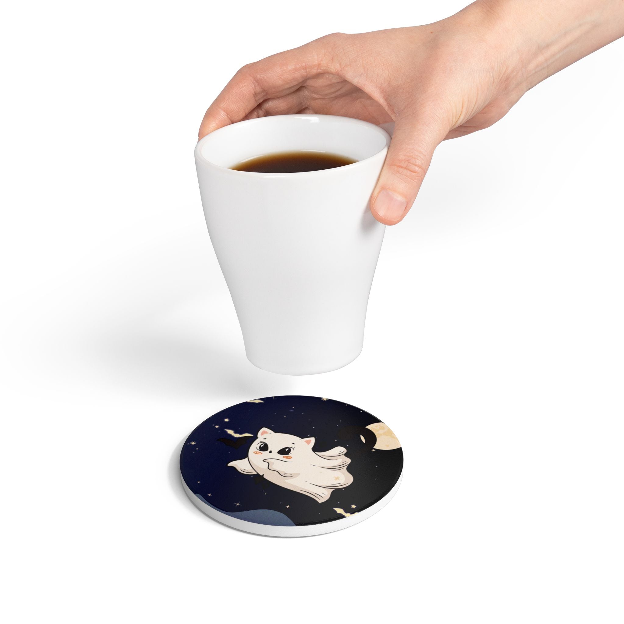 Ceramic Coaster - Cute Ghost Cat Halloween