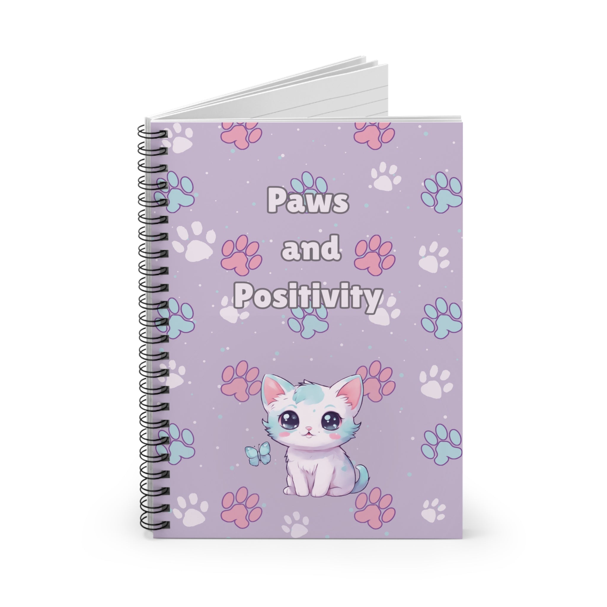 Paws and Positivity Spiral Notebook, Cat Lovers Gift Ideas, Ruled Line Journal, Animal Lover Diary, Cute Kitten Notepad, Meow Stationery Set