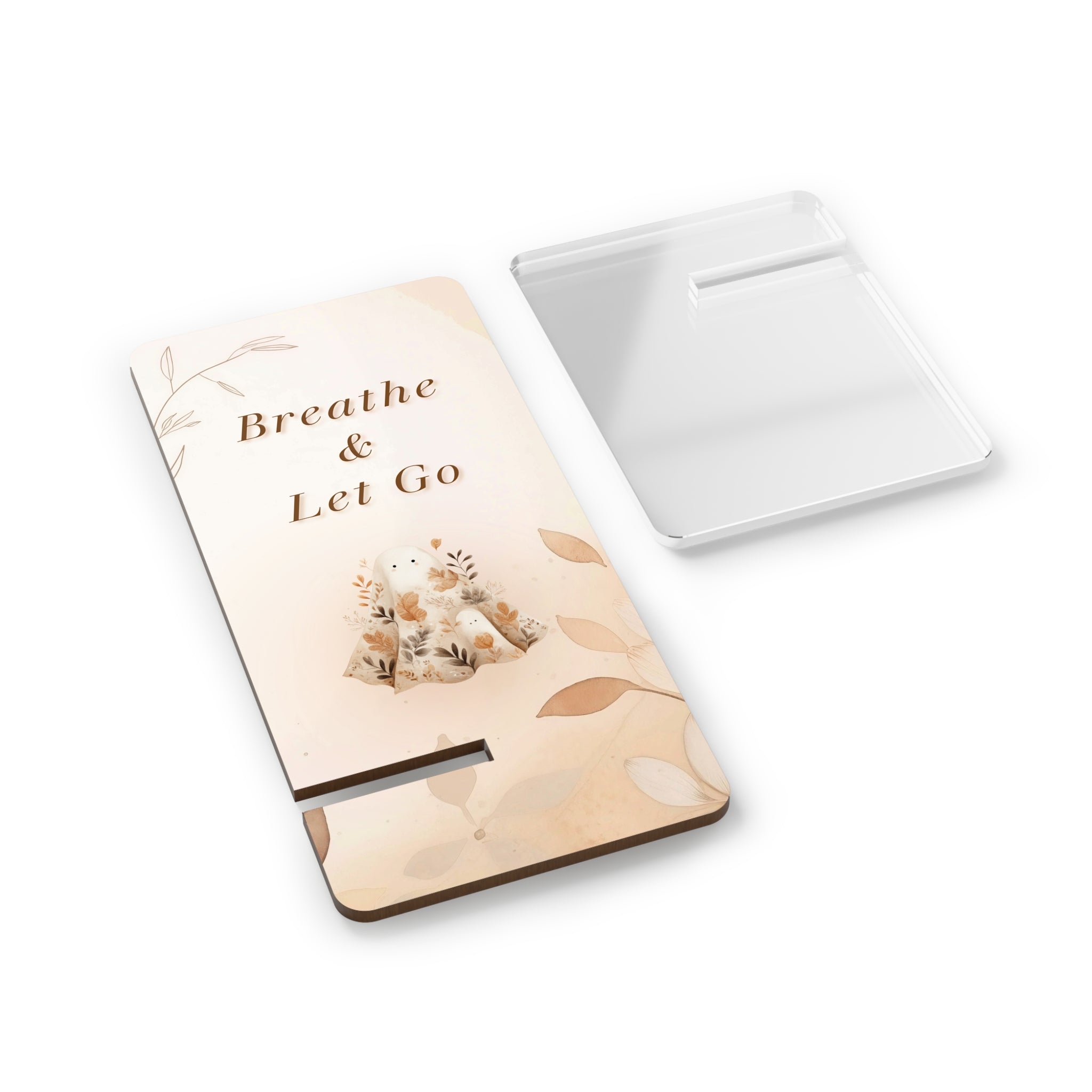 Phone Stand, Breathe & Let Go Autumn Ghost Design, Holder for Cellphones - Desktop Organizer, Office Accessories, Meditation Gift,