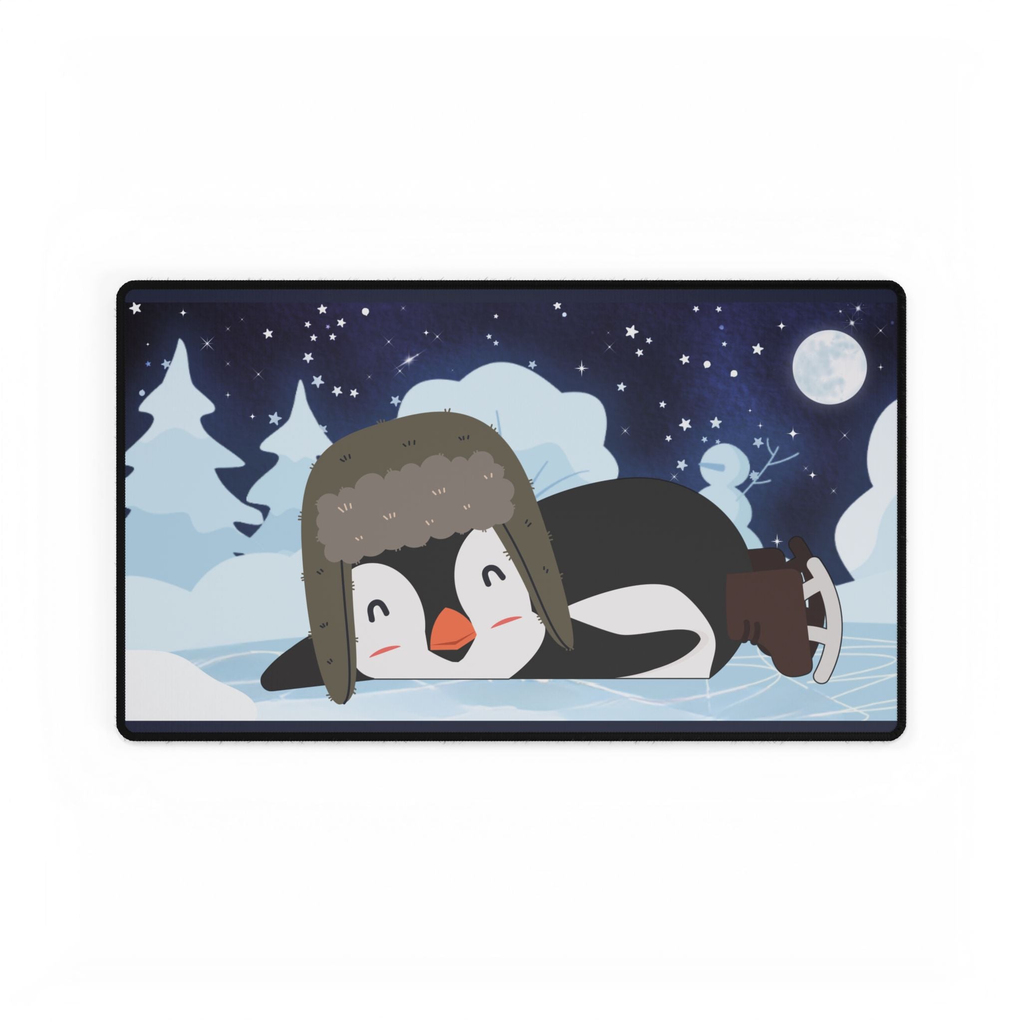 Desk Mat - Cozy Winter Penguin Skating Under the Stars