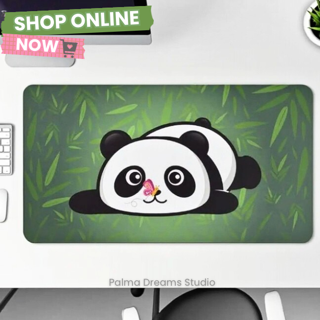 Desk Mat - Cute Panda Bamboo Forest with Butterfly Design | Kawaii Animal Gift