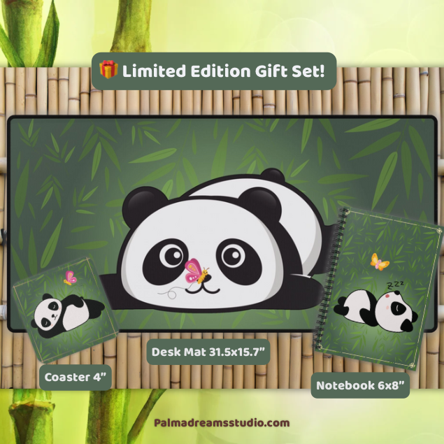 Coaster Set - Cute Panda Bamboo Forest with Butterfly Design