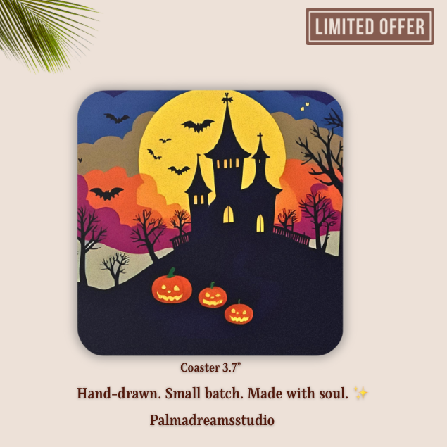 Haunted House Pumpkin Coaster 🎃 | Halloween Cork Drink Mat, Spooky Fall Décor Gift
