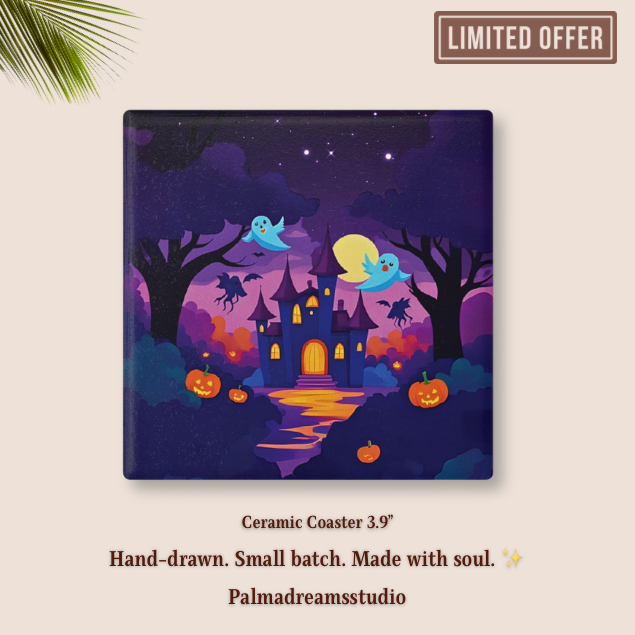 Haunted Castle Halloween Coaster: Spooky Ceramic Drink Mat