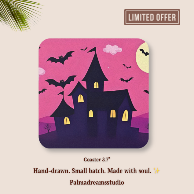 Pink Haunted House Design Cork Back Coaster