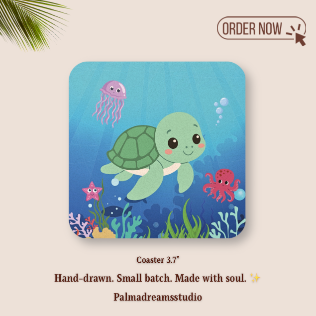 Coaster Set - Cute Sea Turtle & Ocean Friends Design