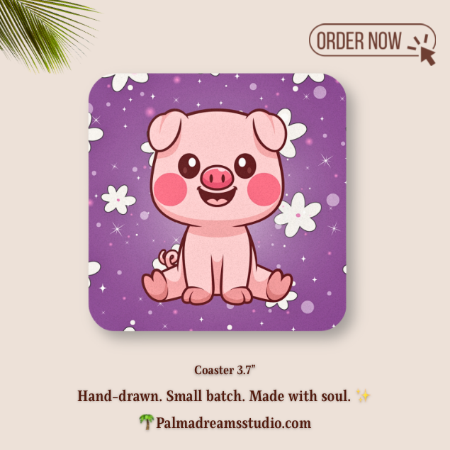Cartoon Pig Coaster, Drink Coaster, Cork Back Coaster, Cute Piggy Mat, Animal Lover Gift, Farmhouse Decor