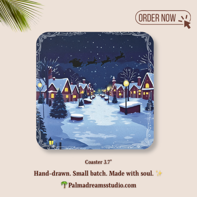 Coaster Set Christmas Village Night - Santa Sleigh Holiday Cover