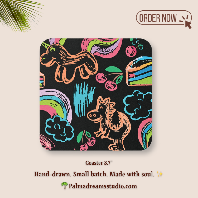 Coaster Set Neon Dreams Rainbow Unicorns Cake Magic Clouds