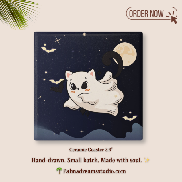 Ceramic Coaster - Cute Ghost Cat Halloween