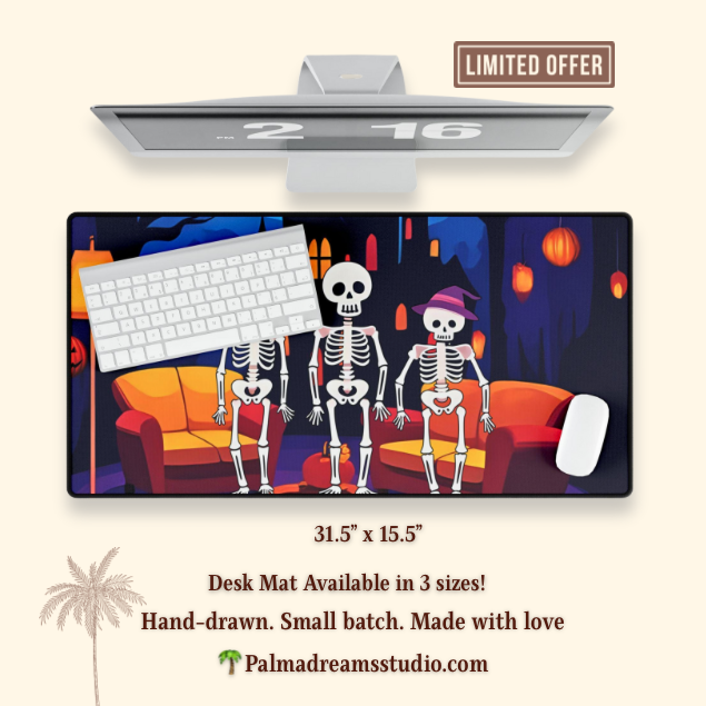Skeleton Friends Desk Mat, Spooky Halloween Office & Gaming Decor