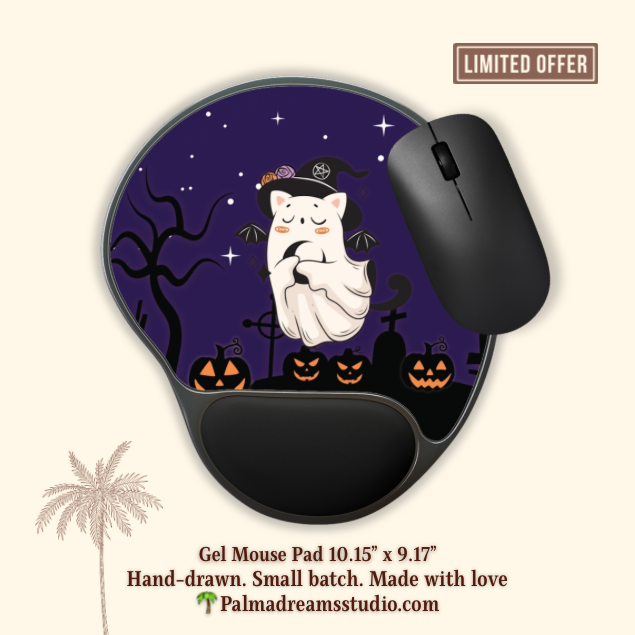 Halloween Mouse Pad, Cozy Ghost 👻 Cat Gel Wrist Rest Mat