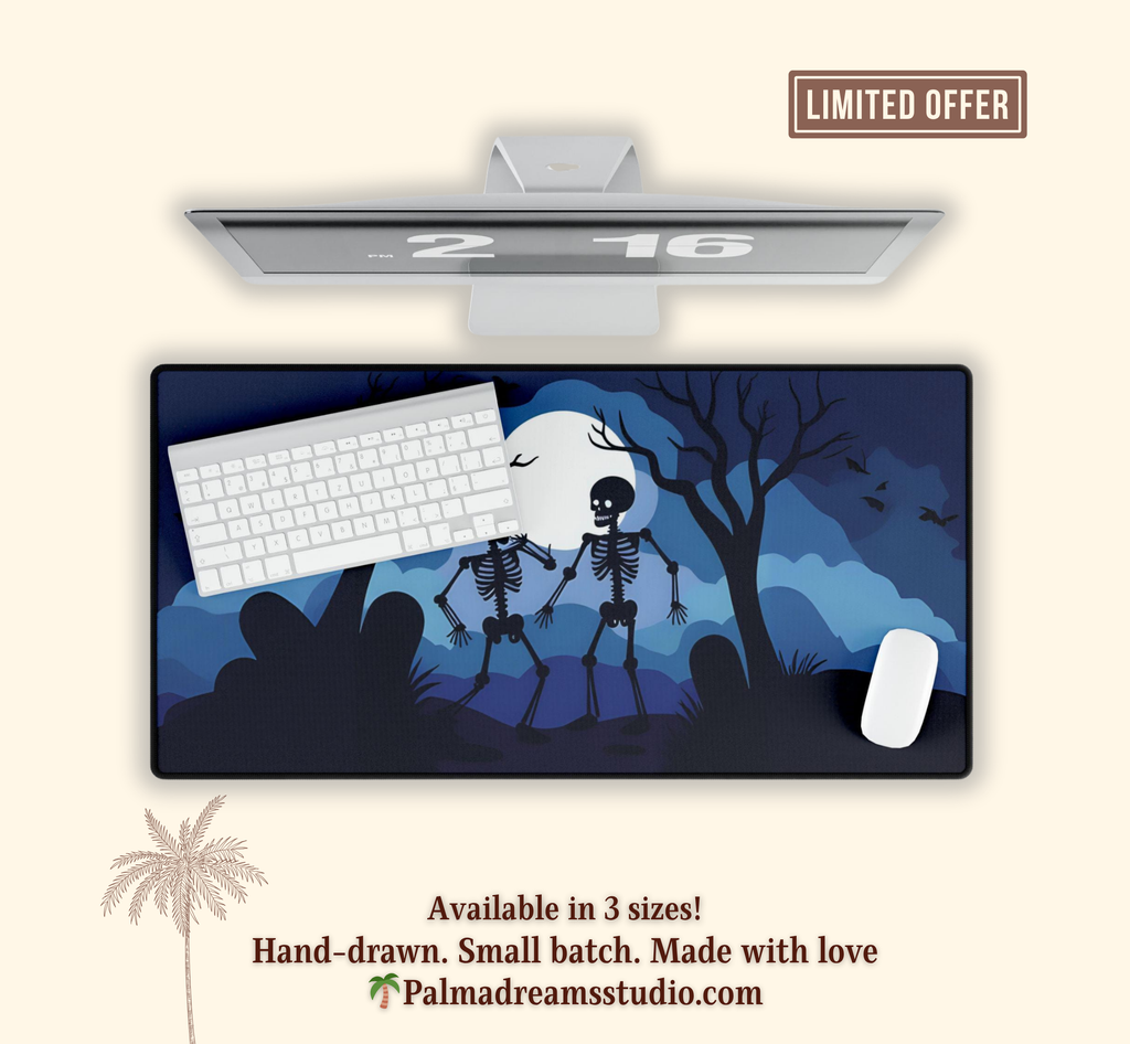 Dancing Skeletons Desk Mat, Spooky Halloween Office & Gaming Decor