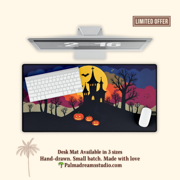 Haunted Castle Desk Mat: Spooky Halloween Pumpkin & Bats Design
