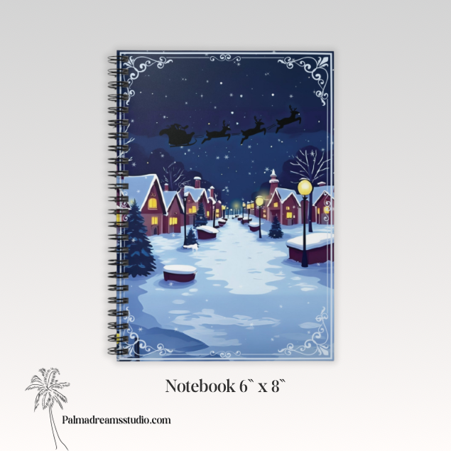 Spiral Notebook - Christmas Village Night Santa Sleigh Holiday Cover