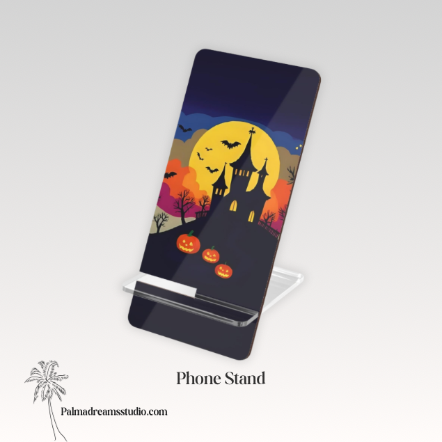 Haunted Castle Phone Stand: Spooky Halloween Pumpkin & Bat Decor