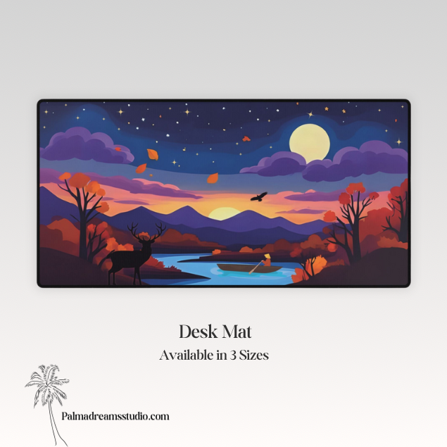 Desk Mat - Autumn Night Cozy Fall Deer & Moon Scene