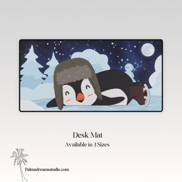 Desk Mat - Cozy Winter Penguin Skating Under the Stars
