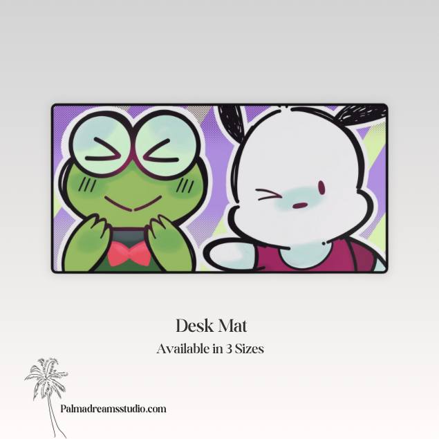Cute Original Art Desk Mat | Cute Frog & Bunny Duo | Large Gaming Mouse Pad for Desk Setup, Inspired by Hello Kitty
