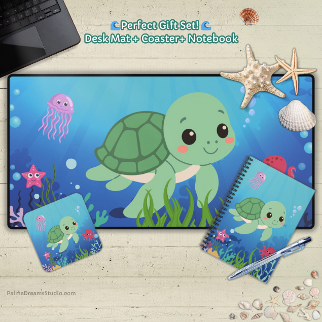 Coaster Set - Cute Sea Turtle & Ocean Friends Design