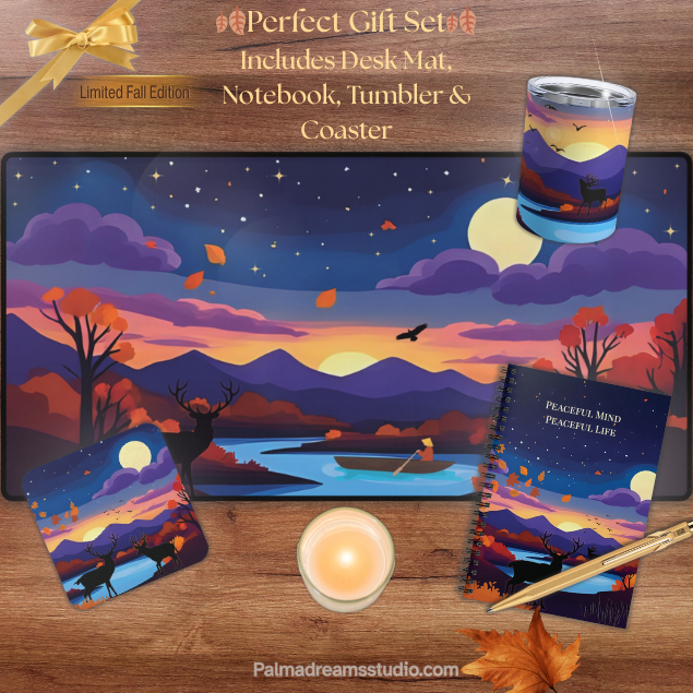 Desk Mat - Autumn Night Cozy Fall Deer & Moon Scene