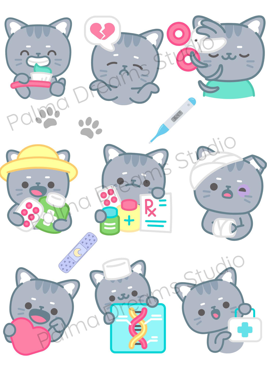 Kawaii Cat Flu Season Sticker Sheets: Medical Planner Stickers (Digital Download)